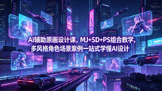 AI辅助原画设计课，MJ+SD+PS组合教学，多风格角色场景案例一站式学懂AI设计-搞钱利器