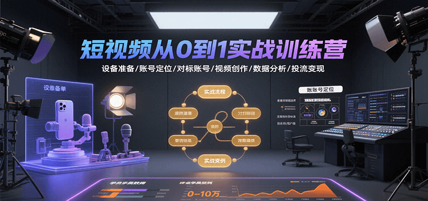 短视频从0到1实战训练营：设备准备/账号定位/对标账号/视频创作/数据分析/投流变现-搞钱利器
