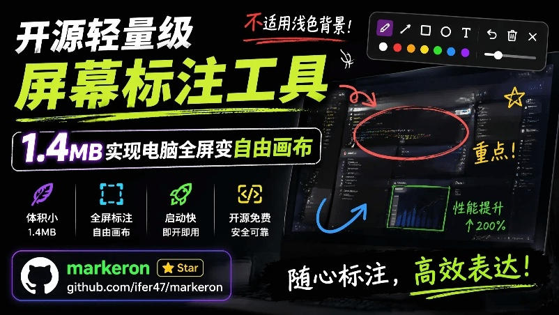开源轻量级屏幕标注工具，1.4MB实现电脑全屏变自由画布！支持8种标注工具和全键盘操控MarkerOn-搞钱利器