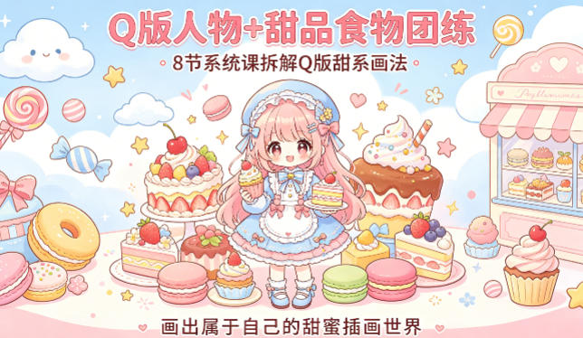Q版人物+甜品食物团练，8节系统课拆解Q版甜系画法，画出属于自己的甜蜜插画世界-搞钱利器