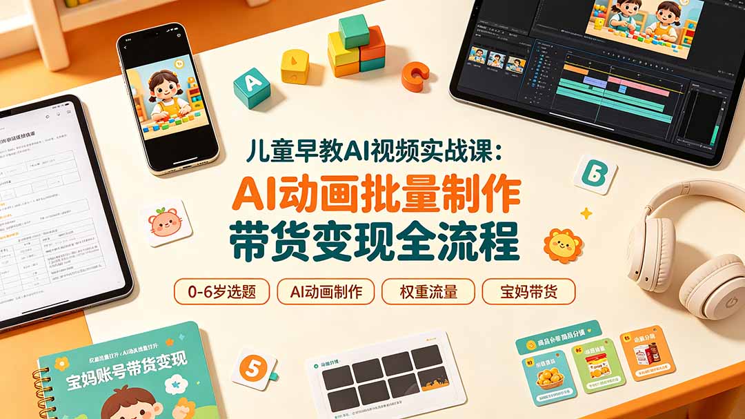 儿童早教AI视频实战课：0-6岁认知选题｜AI动画批量制作｜权重流量拉升｜宝妈账号带货变现全流程-搞钱利器
