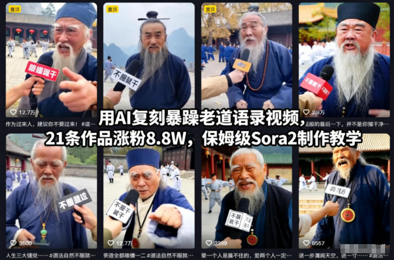 用AI复刻暴躁老道语录视频,21条作品涨粉8.8W,保姆级Sora2制作教学-搞钱利器
