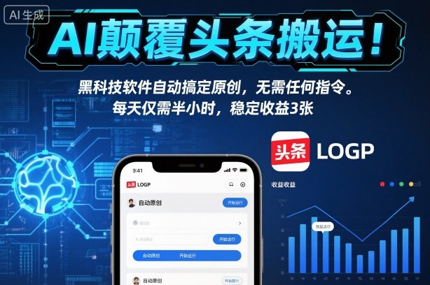 AI颠覆头条搬运！黑科技软件自动搞定原创，无需任何指令。每天仅需半小时，稳定收益3张【揭秘】-搞钱利器