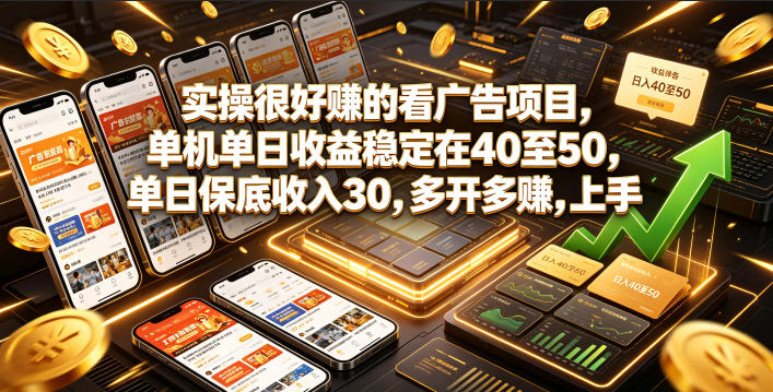 实操很好賺的看广告项目，单机单日收益稳定在40至50，单日保底收入30，多开多賺，上手就能变现【揭秘】-搞钱利器