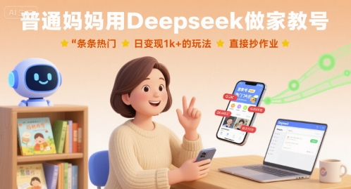 普通妈妈用Deepseek做家教号，条条热门，日变现1k+的玩法，直接抄作业-搞钱利器