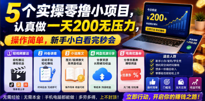 5个实操零撸小项目，认真做一天200无压力，操作简单，新手小白看完秒会【揭秘】-搞钱利器