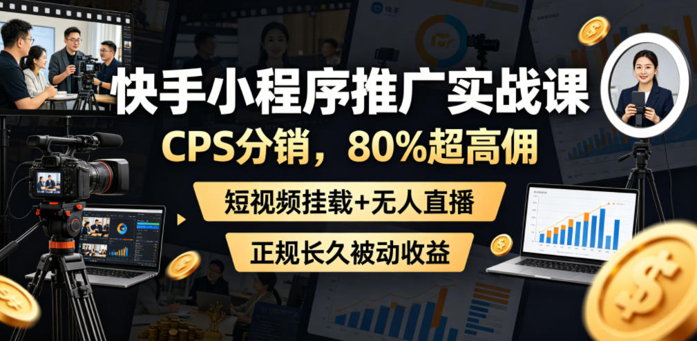 快手小程序推广实战课，CPS分销，80%超高佣，短视频挂载+无人直播，正规长久被动收益-搞钱利器