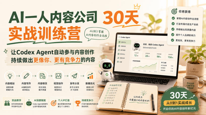 AI一人内容公司30天实战训练营，让Codex Agent自动参与内容创作持续做出更像你、更有竞争力的内容-搞钱利器