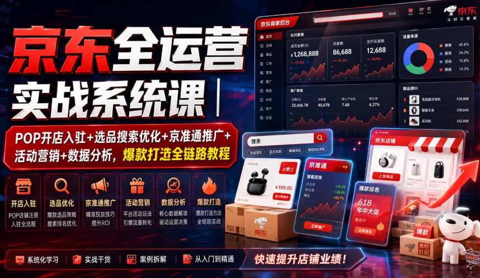 京东全运营实战系统课｜POP开店入驻+选品搜索优化+京准通推广+活动营销+数据分析，爆款打造全链路教程-搞钱利器