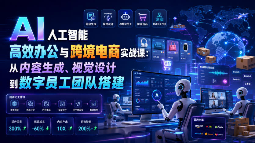 AI人工智能高效办公与跨境电商实战课：从内容生成、视觉设计到数字员工团队搭建-搞钱利器