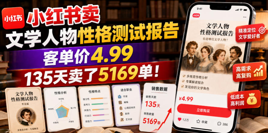 小红书卖文学人物性格测试报告，客单价4.99，135天卖了5169单！-搞钱利器