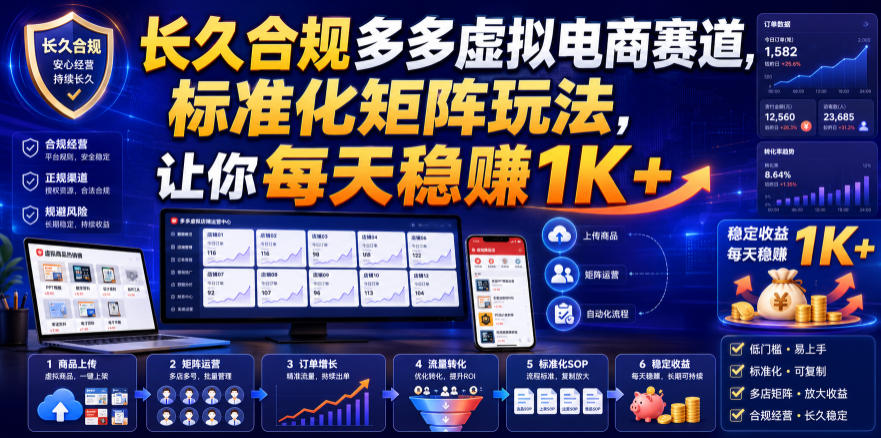 长久合规多多虚拟电商赛道，标准化矩阵玩法，让你每天稳賺1K+【揭秘】-搞钱利器