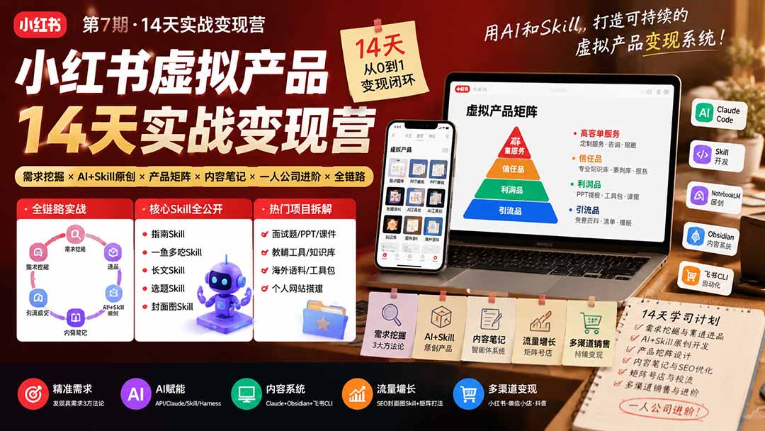 小红书虚拟产品14天实战变现营-第7期：需求挖掘×AI+Skill原创×产品矩阵×内容笔记×一人公司进阶×全链路-搞钱利器