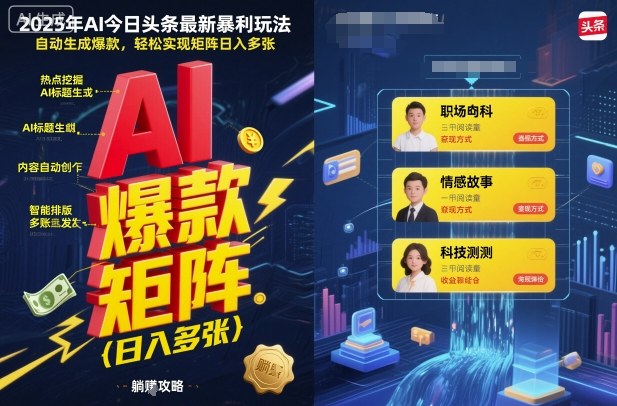 2025年AI今日头条最新暴利玩法，自动生成爆款，轻松实现矩阵日入多张-搞钱利器
