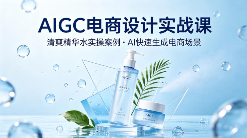 AIGC电商设计实战课，以清爽精华水为实操案例，教你用AI快速生成电商场景-搞钱利器