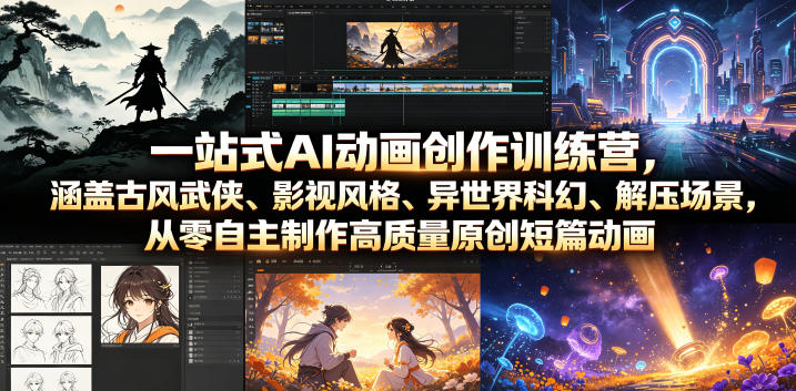 一站式AI动画创作训练营，涵盖古风武侠、影视风格、异世界科幻、解压场景，从零自主制作高质量原创短篇动画-搞钱利器