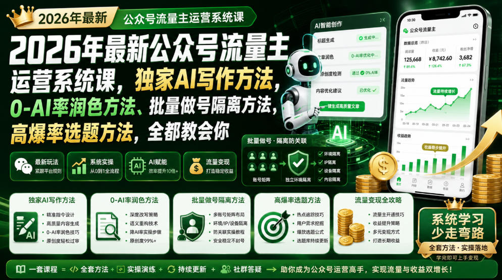 2026年最新公众号流量主运营系统课，独家AI写作方法，0-AI率润色方法、批量做号隔离方法、高爆率选题方法，全都教会你-搞钱利器