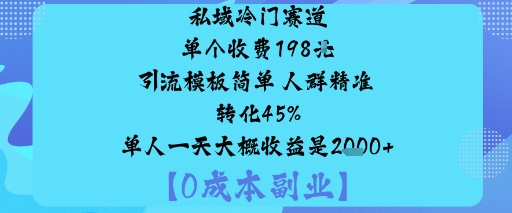 私域冷门赛道:单个收费198米引流模板简单人群精准转化45%单人一天大概收益是1k+-搞钱利器