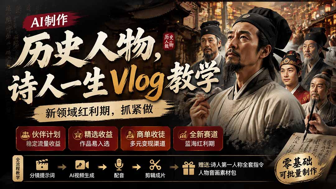 历史人物，诗人一生Vlog教学， AI制作丨伙伴计划丨精选收益丨商单收徒 ，新领域红利期，抓紧做-搞钱利器