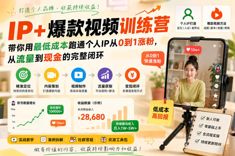 IP+爆款视频训练营，带你用最低成本跑通个人IP从0到1涨粉，从流量到现金的完整闭环-搞钱利器