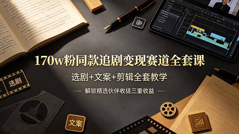 170w粉博主同款追剧变现赛道全套课，选剧+文案+剪辑全套教学，解锁精选伙伴收徒三重收益-搞钱利器