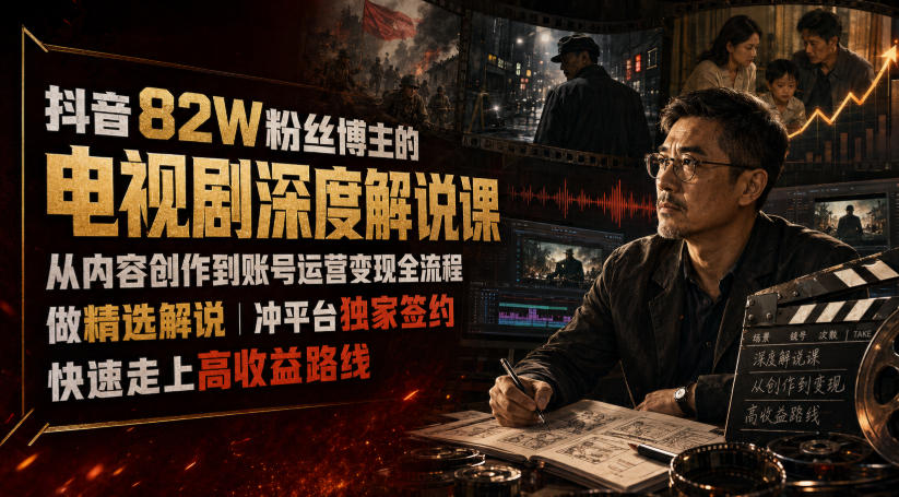 抖音82W粉丝博主的电视剧深度解说课，从内容创作到账号运营变现全流程，做精选解说，冲平台独家签约，快速走上高收益路线-搞钱利器