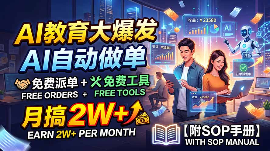 AI教育大爆发，AI自动做单，免费派单+免费工具，月搞2W+【附SOP手册】-搞钱利器