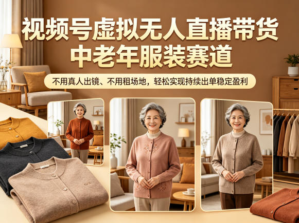 视频号虚拟无人直播带货中老年服装赛道，不用真人出镜、不用租场地，轻松实现持续出单稳定盈利-搞钱利器