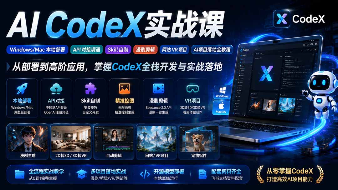 AI  CodeX实战课｜Windows/Mac 本地部署｜API 对接调通｜Skill 自制｜漫剧剪辑｜网站 VR 项目｜AI项目落地全教程-搞钱利器