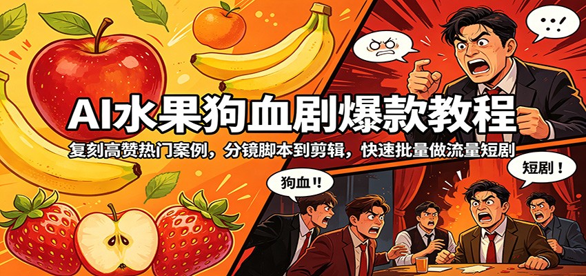 AI水果狗血剧爆款教程：复刻高赞热门案例，分镜脚本到剪辑，快速批量做流量短剧-搞钱利器