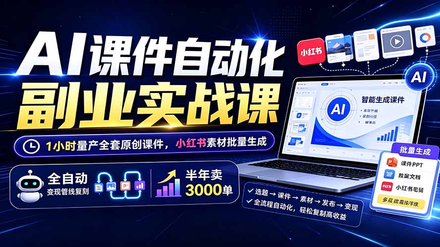 AI课件自动化副业实战课：1小时量产全套原创课件×小红书素材批量生成×全自动变现管线×半年卖3000单-搞钱利器