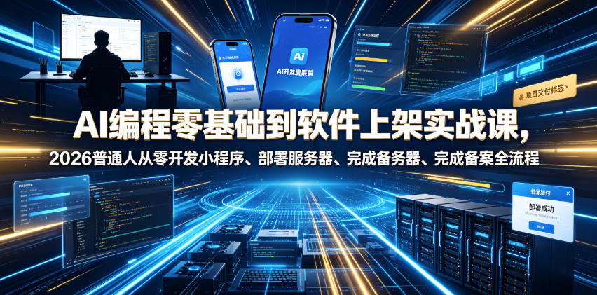 AI编程零基础到软件上架实战课，2026普通人从零开发小程序、部署服务器、完成备案全流程项目落地教程-搞钱利器