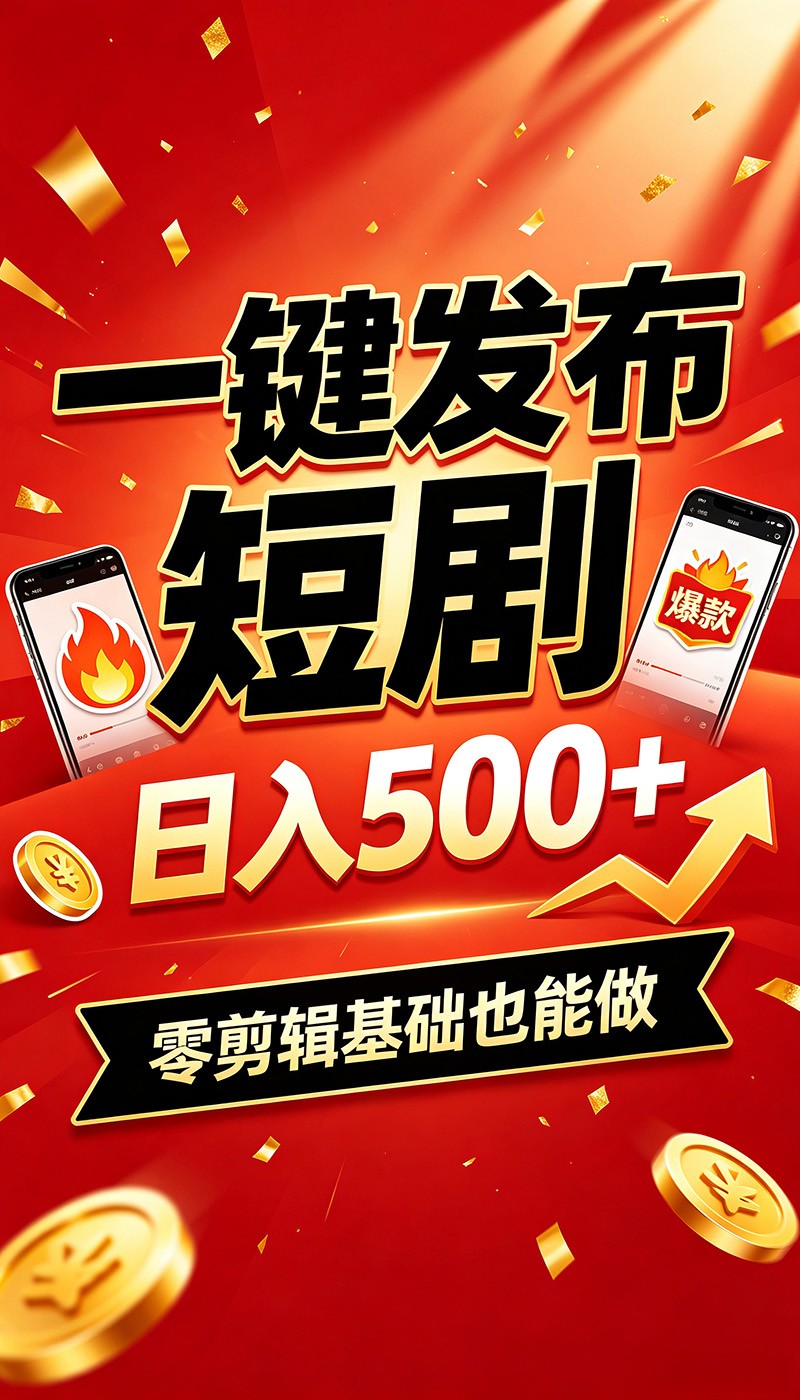 快手短剧一键发布，不用剪辑操作简单，副业日入500+。空闲时间轻松赚收益-搞钱利器