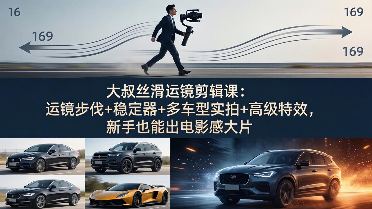 大叔丝滑运镜剪辑课：运镜步伐+稳定器+多车型实拍+高级特效，新手也能出电影感大片-搞钱利器