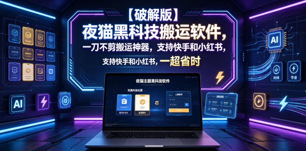 【破解版】夜猫黑科技搬运软件，一刀不剪搬运神器，支持快手和小红书，一键搬运超省时！-搞钱利器
