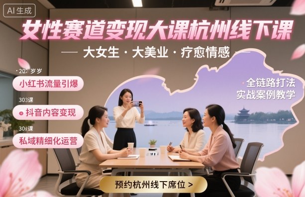 女性赛道变现大课杭州线下，大女生，大美业，疗愈情感，一套小红书、抖音、私域全链路打法-搞钱利器