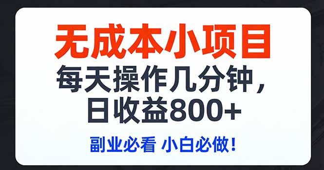无成本小项目,每天操作几分钟,日收益800+ 副业必看 小白必做！-搞钱利器