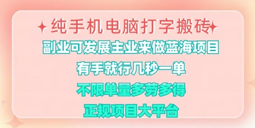 纯手机电脑打字搬砖，有手就行，几秒一单，多劳多得，正规项目大平台【揭秘】-搞钱利器
