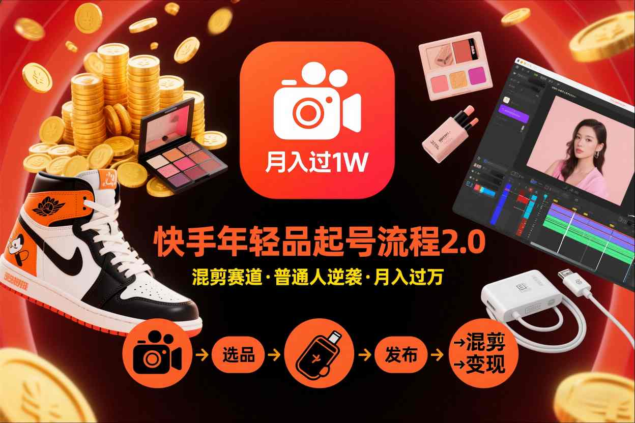 快手短视频带货年轻品起号流程2.0，快手年轻品混剪赛道，普通人也能月入过1W-搞钱利器