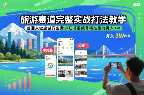 旅游赛道完整实战打法教学，普通人做旅游行业用小红书视频号精准引流月入3W-搞钱利器