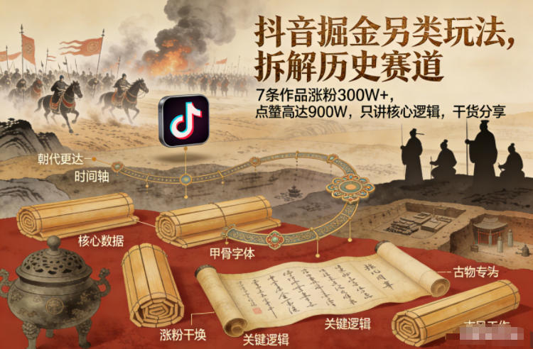 抖音掘金另类玩法，拆解历史赛道，7条作品涨粉300W+，点赞量高达900W，只讲核心逻辑，干货分享-搞钱利器