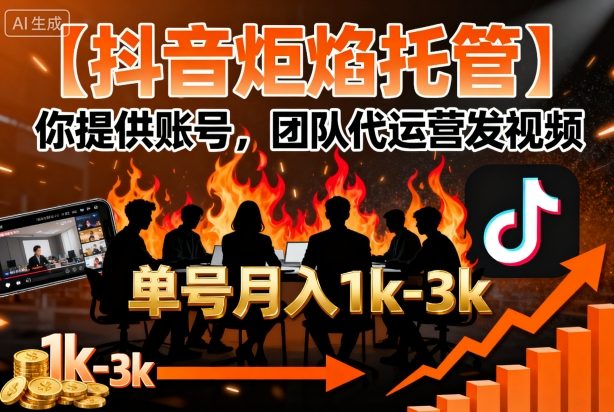 【抖音炬焰托管】你提供账号，团队代运营发视频，单号月入1k+【揭秘】-搞钱利器