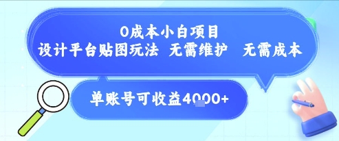 0成本小白项目，设计平台贴图玩法，无需维护，无需成本，单账号单月可产生收益4k+-搞钱利器
