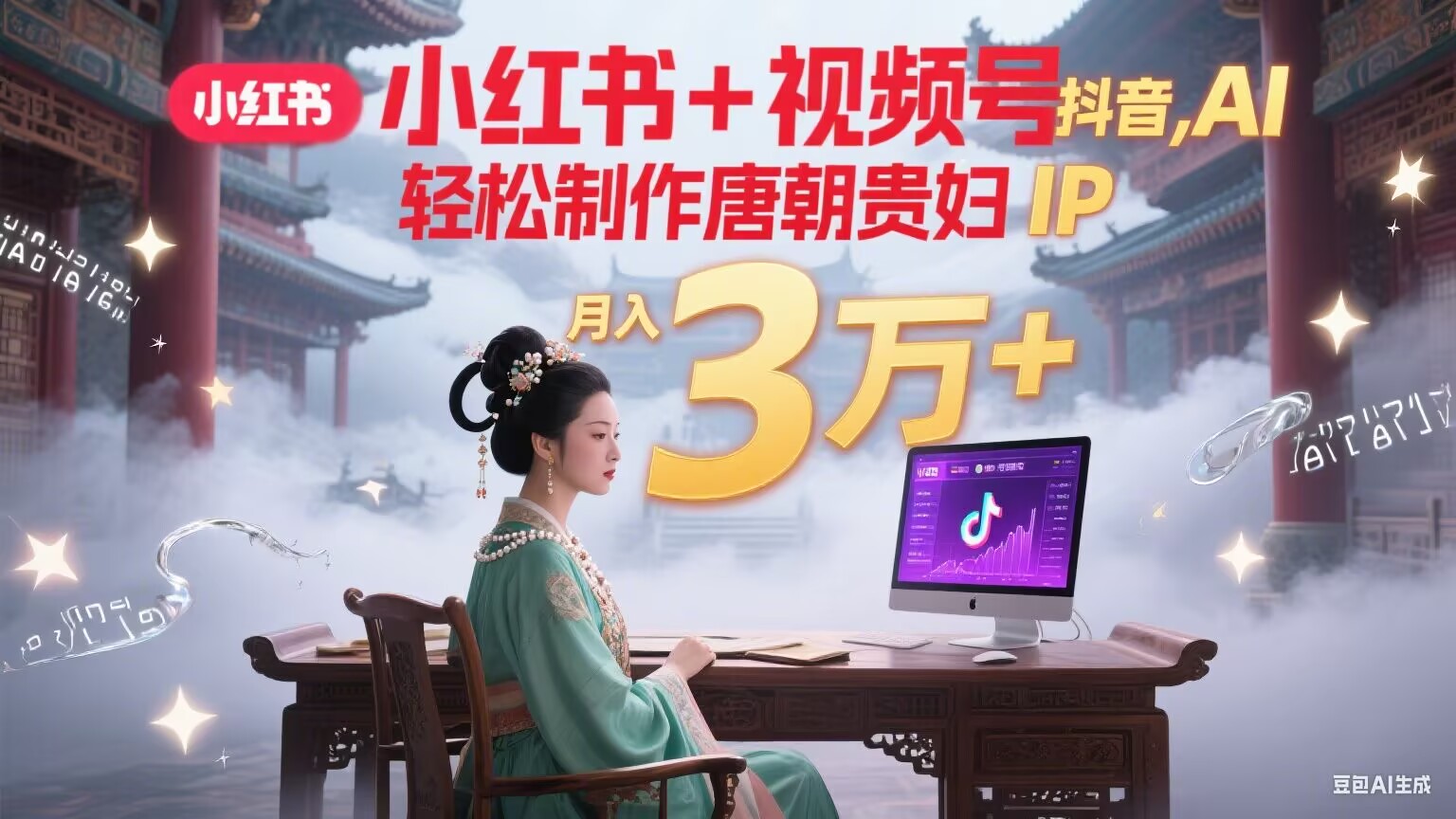小红书+视频号+抖音，AI轻松制作唐朝贵妇IP，毒鸡汤、励志、减肥瘦身、养生赛道轻松切入，每天30分钟，轻松产出N条，月入3万+-搞钱利器