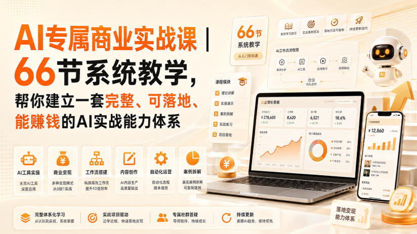AI专属商业实战课｜66节系统教学，帮你建立一套完整、可落地、能賺钱的AI实战能力体系-搞钱利器