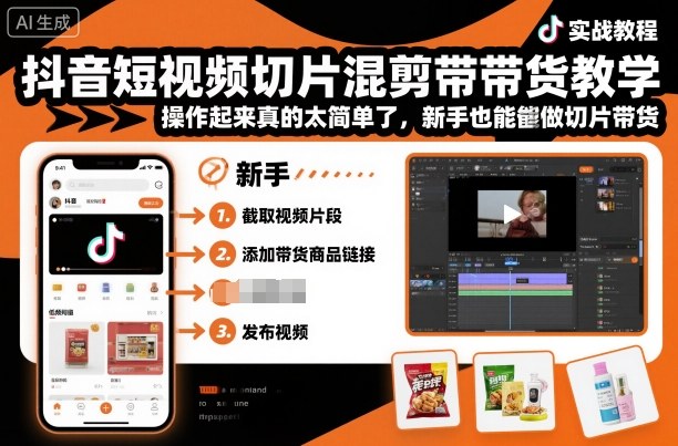 抖音短视频切片混剪带货教学，操作起来真的太简单了，新手也能做切片带货-搞钱利器