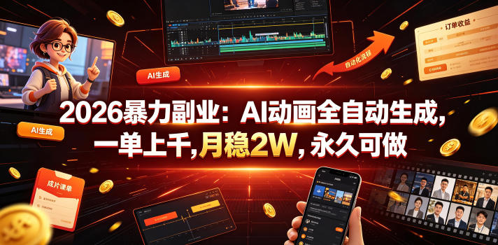2026暴力副业：AI动画全自动生成，一单上千，月稳2W，永久可做【揭秘】-搞钱利器