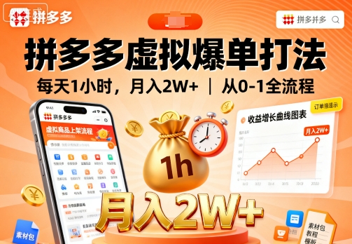 拼多多虚拟爆单打法，每天1小时，月入2W+，从0-1全流程-搞钱利器