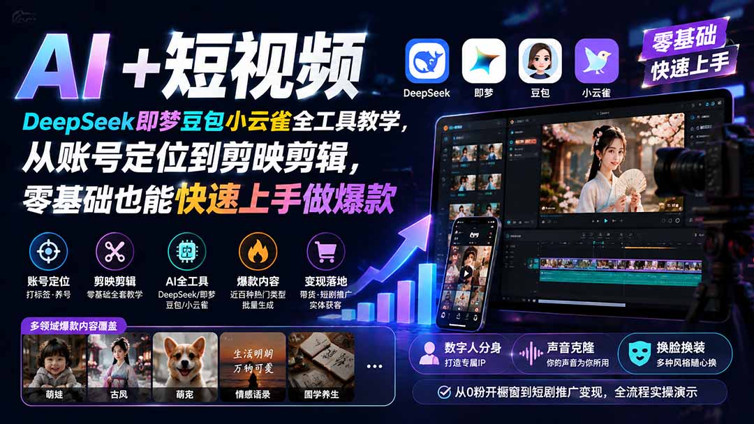 AI+短视频｜DeepSeek即梦豆包小云雀全工具教学，从账号定位到剪映剪辑，零基础也能快速上手做爆款-搞钱利器