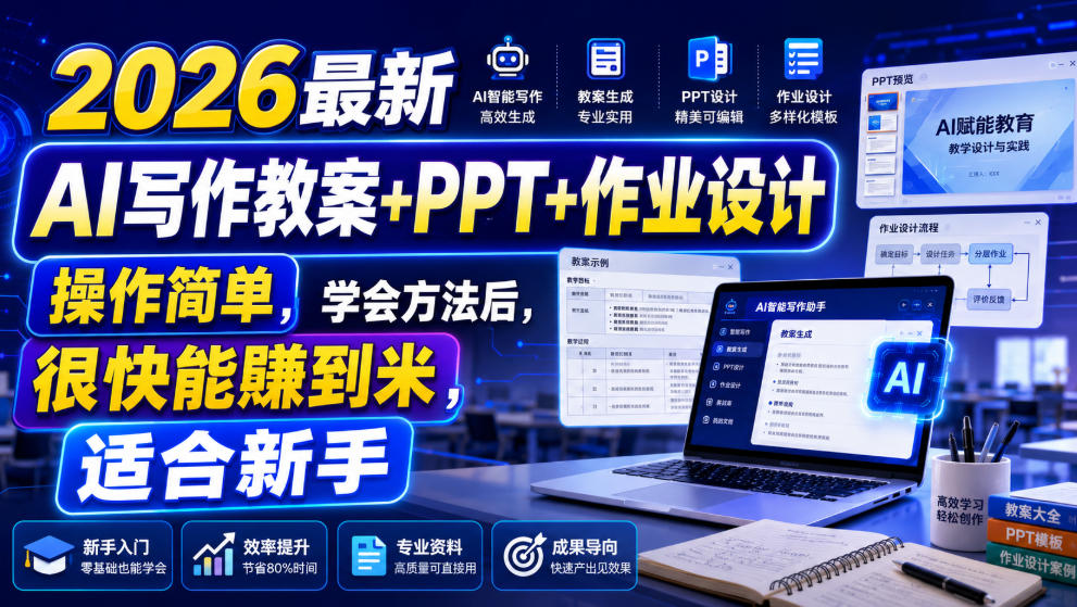 2026最新AI写作教案+PPT+作业设计，操作简单，学会方法后，很快能賺到米，适合新手-搞钱利器